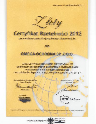 Omega Security - certyfikat rzetelności